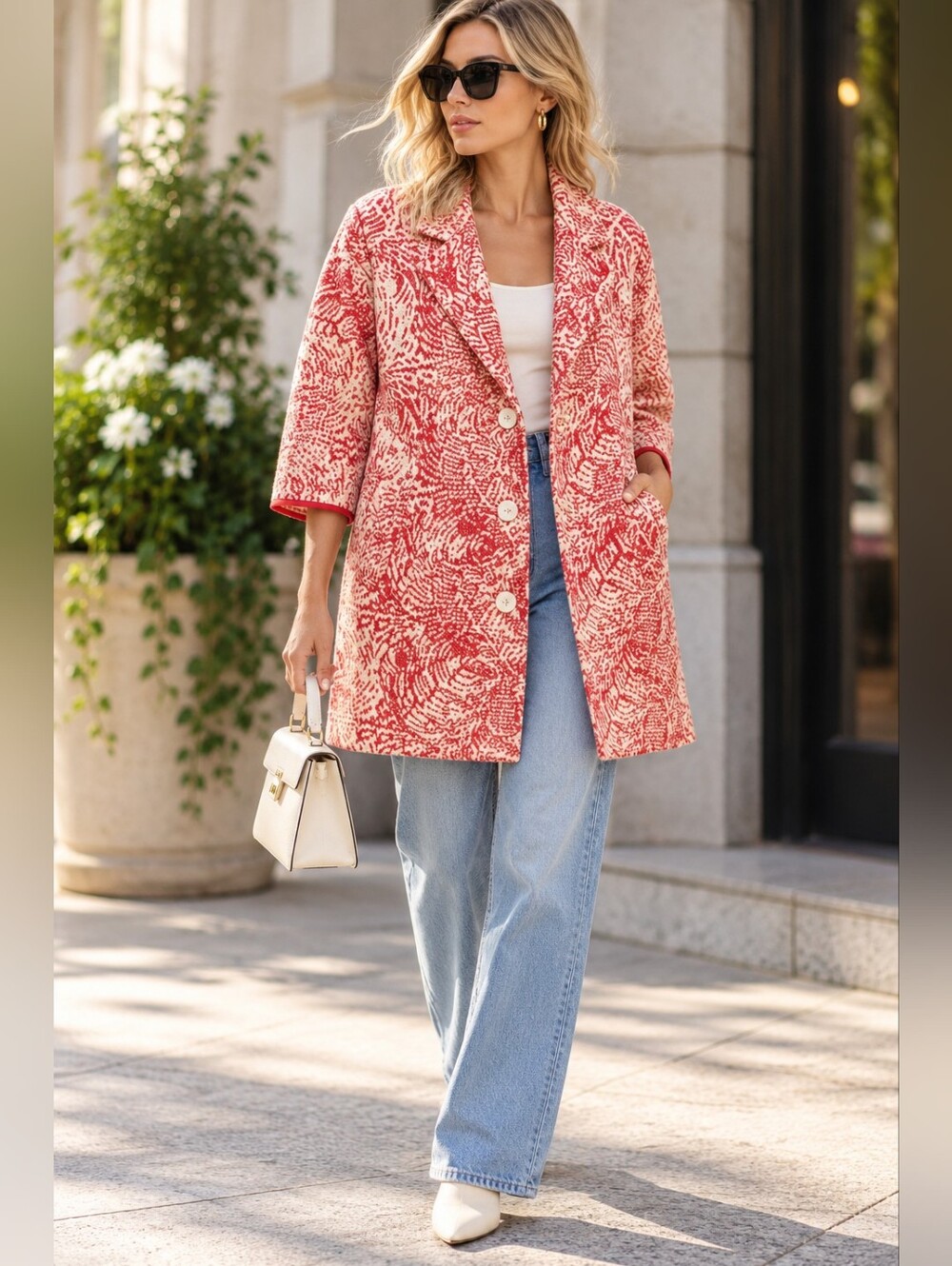 See U Soon Red White Cotton Oversized Coat Jacket M/L